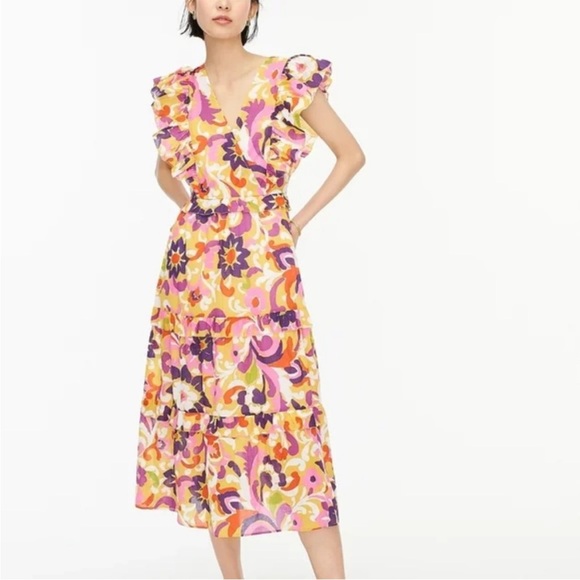 J. Crew Collection Ruffle-Sleeve Midi Dress in Curly Floral Pattern - Picture 1 of 14